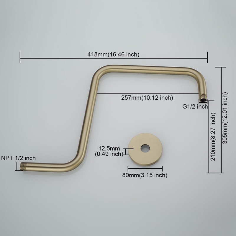 RANDOM 16 inch Brushed Gold Shower Head Riser Pipe,S Shaped