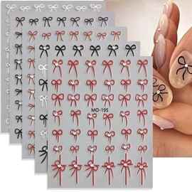 5 Sheets Bow Nail Stickers for Nail Art Bow Nail Decals with Rhinestone,3D Self-Adhesive,Black,White,Red,Nails Decorations for Women Girls,DIY Manicure Decor