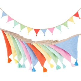 G2PLUS Fabric Bunting Banner with Tassel, 12PCS Double Sided Cotton Bunitng, 2.8m Fabric Triangle Garland, Pastel Colorful Baby Bunting for Nursery/Baby Shower/Brithday/Party/Bedroom Decoration