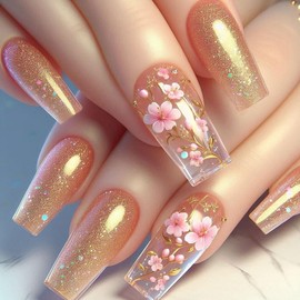 Gold Glitter Press on Nails Square Medium Coffin False Nails Nude Acrylic Fake Nails Press Ons with Pink Flowers Design Glue on Nails Cute Stick on Nails for Women Manicure Tips 24 Pcs