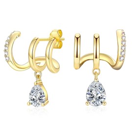 Gold Claw Earrings for Women, S925 Sterling Silver Post Claw Cuff Earrings that Look Like Multiple Piercings Ear Crawler Princess Cut CZ Large Stud Earrings for Teen Girls Ladies Gifts for Christmas