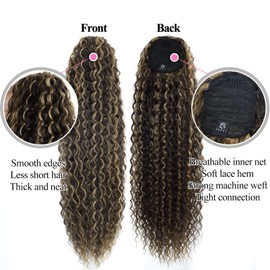 Meepo 30 Inch Curly Ponytail Extensions Synthetic Deep Wave Drawstring Ponytail For Black Women Human Hair Feeling With Clip In Thick Ponytail Hair Dark Brown Highlight Blonde Hairpiece(P4/27,160g)