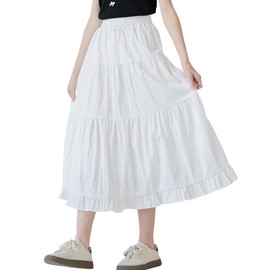 SEAUR Maxi Skirt Girls' Summer Long Skirt Elegant Summer Skirt Ruffle Hem Maxi Skirt Elastic Waist Children 130-165 (EU 122-164), White