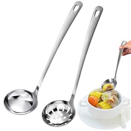 Soup Ladle and Slotted Spoon Made of Stainless Steel, 30 x 7.5 cm, Sauce Ladle, Metal Ladle and Slotted Spoon, Sauce Spoon Long Handle, Serving for Home, Restaurant, Pack of 2