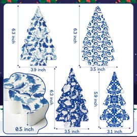 WATINC 4pcs Christmas Tabletop Decorations, Chinoiserie Christmas Tree Table Sign Decor, Xmas Winter Wooden Tiered Tray Centerpiece, Blue White Farmhouse Party Signs for Home (Double Printed)