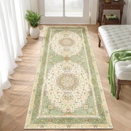 YesRug Hallway Runner Rug 2x6, Green Rugs Boho Washable Rug for Hallways Entryway Kitchen Bedroom, Vintage Floral Distressed Floor Carpets