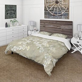 DesignQ Dogwood in Spring Neutral Farmhouse Duvet Cover Set, Brown Duvet Cover Set Queen, Floral Bedding Set of 3 Pieces, All Season Farmhouse Bedding Sets Queen