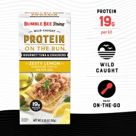 Bumble Bee Prime Protein on the Run Tuna Snack Kit - Gourmet Tuna Marinated in Olive Oil & Zesty Lemon with Crackers and Serving Utensil - 19g of Protein Per Serving