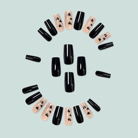 24 Pcs Black Press on Nails Medium Square - SHANRUN Summer Fake Nails Press ons French Nail Art Tips Glue on Nails Full Cover False Nails with Heart Gold Foil Lines Design Stick on Nails Acrylic Nail
