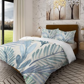 Batmerry Delicate Teal Leaves Twin Size 3 Pieces Bedding Comforter Cover Sets,Soft Fluffy Watercolor Floral Botanical Blue Leaf Pattern Printed Duvet Cover for All Season