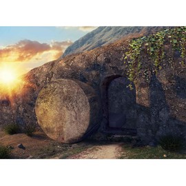 Zliisang He is Risen Backdrop Resurrection of Jesus Backdrop Sunrise Empty Jesus Tomb Easter Background Rebirth of Bible Story Church Decorations (9x6FT)