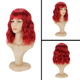 PHOENIXFLY Red Wavy Wigs With Bangs Short Bob Wavy Wigs for Women Curly Synthetic Wig Wavy Cosplay Wig for Girls Daily Use Colorful Wigs(14 Inch) (Red)