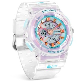 PINIDOUS Women Watch for Women Outdoor Waterproof Digital Sports Analog Watches for Ladies Students with Stopwatch Alarm Countdown Dual Display 7 Color LED Backlight