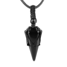 VIKCAUX Black Obsidian Necklace Reiki Healing Crystal Stone Pointed Pendant with Adjustable Rope Natural Quartz Gemstone Necklaces Mens Jewelry