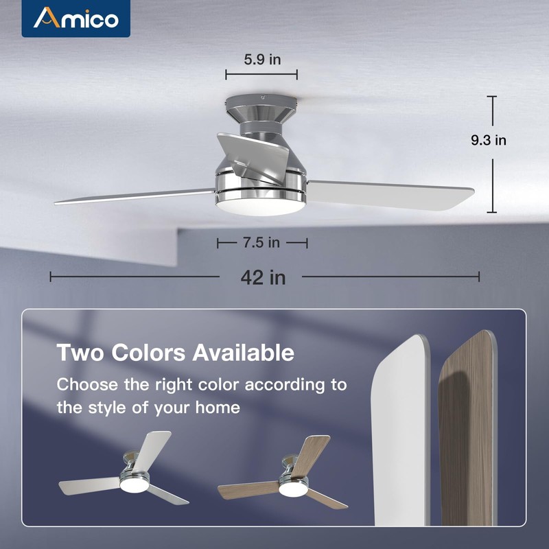 Amico Ceiling Fans with Lights, 42 inch Low Profile Ceiling