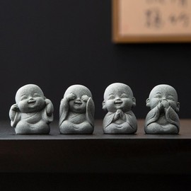 ARBTOTCE 4PCS Laughing Buddha Statue for Good Luck Feng Shui Decor,Cute Small Zen Monk Sandstone Buddha Statue for Home and Aquarium Decor, See no Evil,Hear no Evil,Speak no Evil,Do no Evil