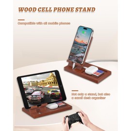 T TARANTO Cell Phone Stand with Tray, Wood Phone Docking Station for Men, Phone Holder for Desk, Men's Docking Station and Organizer, Wooden Desk Organizer