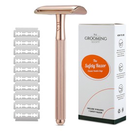 THE GROOMING SOCIETY Single Blade Razor with 10 Double Edge Safety Razor Blades Refill, Metal Razor for Men Women, Zero Waste Reusable Eco-Friendly Razor for Close Smooth Shave - Gold