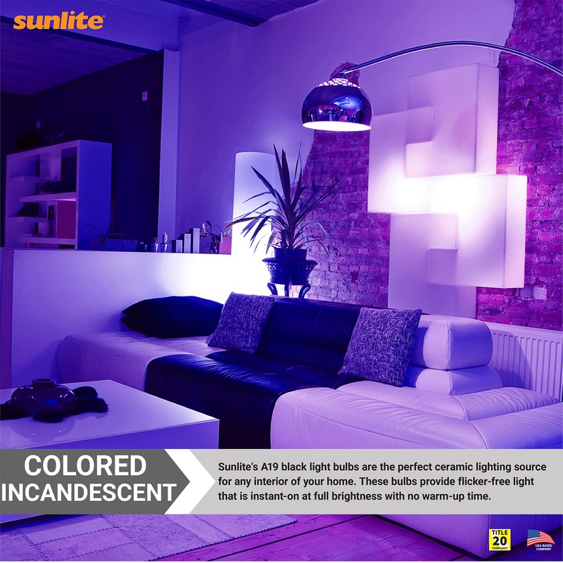 Sunlite 01096 Incandescent A19 Black Light Bulb, 75 Watts, E26