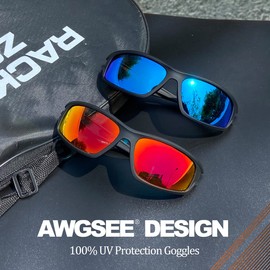 AWGSEE - Gafas anteojos de sol polarizadas deportivas para hombre, 100% protección UV envolventes alrededor irrompibles para pesca y conducción, Paquete de 2 azul+rojo, M