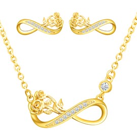 Jewelry Sets for Women Infinity Rose Necklace Earrings Set White/Rose/Gold Plated Sterling Silver Cubic Zirconia Rose Flower Anniversary Birthday Jewelry Set Gifts for Wife Girlfriend Women, Sterling Silver, Cubic Zirconia,