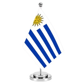 Uruguay Miniature Desk Flag Set,8x5 Inch Uruguayan Small Flag With 12 Inch Bright Silver Flagpole, Deluxe Decorations For House Office Meeting Table