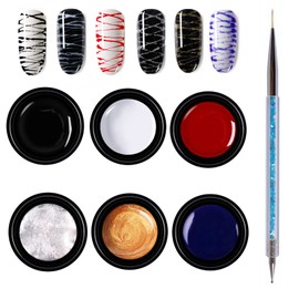 LiBiuty 6 Colors Spider Gel Drawing Gel Nail Polish Set Nail Art Wire Drawing Gel for Line with Double Ended Nail Dotting Brush Pen (White Black Red Gold Silver Blue)