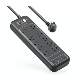 Power Strip Surge Protector , Regleta de Alimentación con protector contra sobretensiones 2100 julios , 10 tomacorrientes con 3 puertos de carga USB-A y 1 USB-C , color negro , enchufe plano , 1.8 mt.
