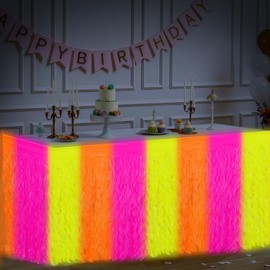 2 Packs Glow in The Dark Party Supplies Neon Party Table Skirts Streamers Decorations Yellow Orange Pink Wavy Metallic Tinsel Foil Fringe Banner Photo Booth Birthday Decorations 108 x 29.5 inch/each
