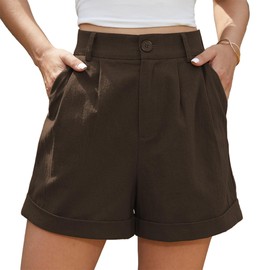 Jouica Womens Summer High Waist Linen Shorts Roll Up Pleated Zippered Wrap Hem Wide Leg Shorts with Pockets, 01brown, Medium