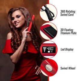 WAVYPOP PRO Flat Iron Hair Straightener & Curling Wand Digital 2 in 1 Titanium RED 1.25" | Professional Straightening Hair Iron with Ceramic Heater and Auto Shut Off | Dual Voltage & Adjustable Temp