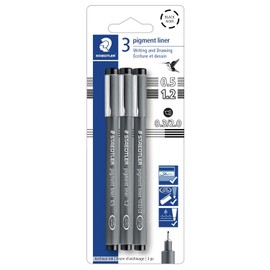 STAEDTLER 308-9S2BK3 - Rotulador de pigmento, color negro, 3 bolígrafos, varios anchos de línea, 0.5 mm, 1.2 mm, cincel