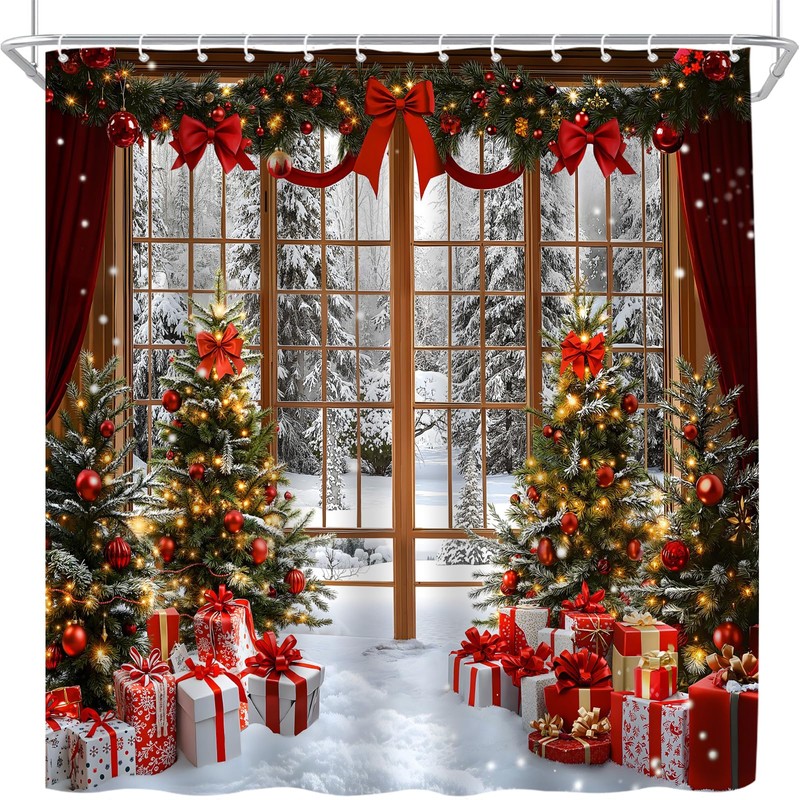 KDYDK Christmas Shower Curtain Winter Snow Window Scene 70" L