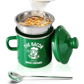PGYARD Mini Bacon Grease Saver With Strainer - 15OZ Enamel Grease Container, Farmhouse Bacon Grease Keeper For Kitchen Fat Storage, Dishwasher Safe-Green