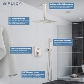 Airuida 12 Inch Ceiling Shower System Brushed Nickel SUS304 Ultra-thin Ceiling Mount Rain Shower Head with Handheld Rough-in Valve Bathroom Luxury Brass Shower Rain Mixer Shower Faucet Set