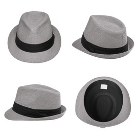 Straw Trilby Fedora Hat for Men Women 1920s Panama Hat Short Brim Summer Beach Sun Hat with Band Grey