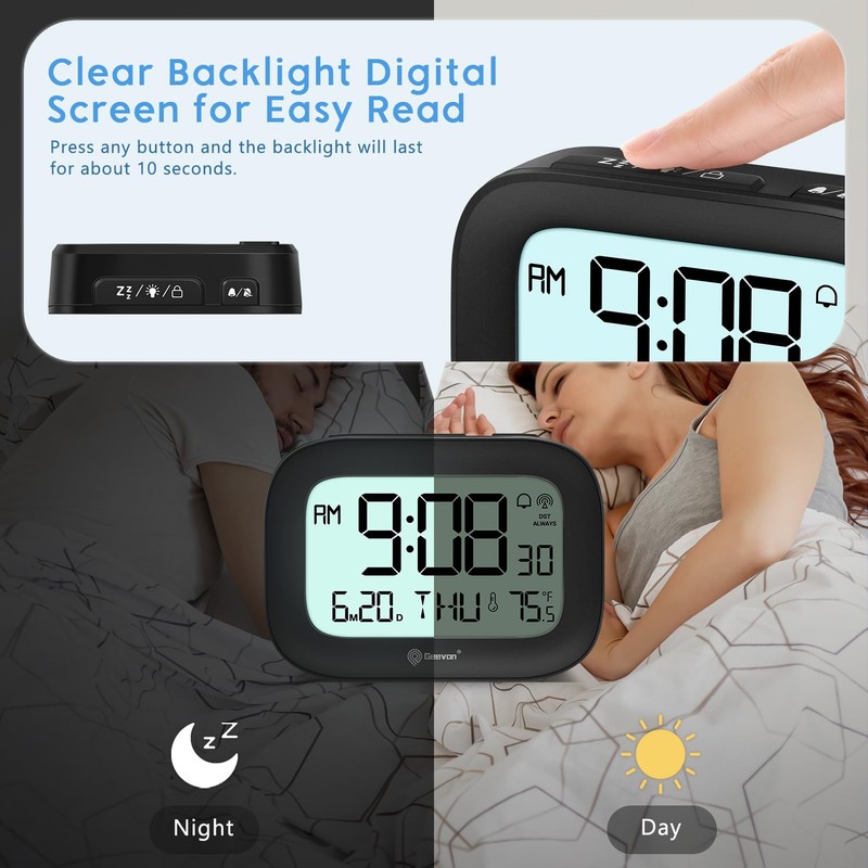 Geevon Small Digital Atomic Alarm Clock for Bedroom, Portable Battery