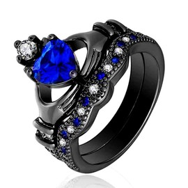 Bridal Sets Black Gold Plated Heart Blue Cz 2pcs Womens Wedding Ring Sets Engagement Ring Claddagh Ring