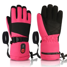Heated Gloves for Kids, 3-Heat Settings Winter Gloves, Rechargeable Batteries, Water Resistant Windproof Kids Ski Gloves with Grip, Ideal for Skiing, Snowball Fights, Cycling, Gift (Pink, 2X-Small)