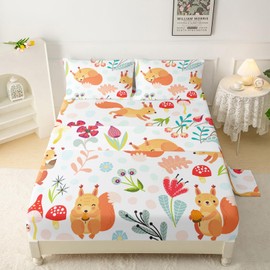 QOOMO Cute Squirrel Kids Sheet Set, Botanical Mushroom Pattern Bed Set Queen for Boys Girls Children, Microfiber Cooling Beauty Floral Sheet Sets,1 Fitted Sheet, 1 Flat Sheet, 2 Pillow Cases
