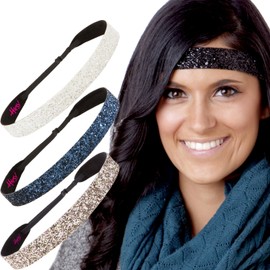 Hipsy Adjustable No Slip Wide Bling Glitter Headband 4-packs for Women Girls & Teens (Black/Rose Gold/Navy/White)