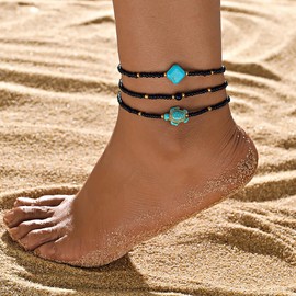 APMUTSS Layered Black Ankle Bracelets for Women waterproof, Dainty Trendy Chain Jewelry for Beach, X-Large, Plastic, No Gemstone