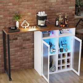 Bar Cabinet with Storage for Home, 360° Rotating Wine Cabinet, LED Bar Table with Power Outlet Wine Rack & Glass Holder, Breakfast Bar Counter, Small Coffee Bar for Living Room Apartment Office(White)