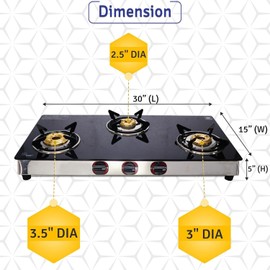 SONRET 3 Burner Propane Gas Stove - 30" Black Tempered Glass - with Hose & Regulator