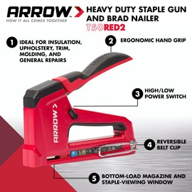 Arrow T50RED2 Heavy Duty Manual 2-in-1 Staple Gun and Brad Nailer for Upholstery, Framing, Insulation, Crafts, and Furniture, Red