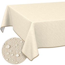 Tovaglia cerata, lavabile, effetto lino, facile da pulire, impermeabile, 160 x 140 cm (rettangolare), crema con orlo