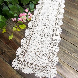 KEPSWET Cotton Handmade Crochet Lace Table Runner White Rectangle Coffee Table Dresser Decor (14x96 inch)