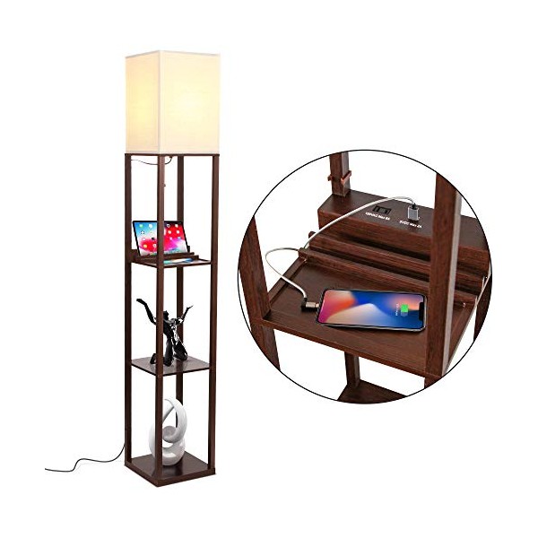 Brightech Maxwell Charger - Shelf Floor Lamp with USB Charging Ports & Electric Outlet - Tall & Narrow Tower Nightstand for Bedroom - Modern, Asian End Table with Light Attached - Havana Brown