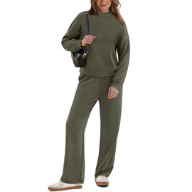 WIHOLL Plus Size Two Piece Sets for Women Casual Fall Wide Leg Tracksuit Travel Airport Outfits on Plane Vacation Ladies Workout Clothes Loungewear Women's Jumpsuit Loose Fit Army Green 2XL