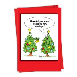 NobleWorks, Tree Earrings - Funny Merry Christmas Card for Women, Wife - Holiday Ornaments, Cartoon Card with Envelope C3398XSG